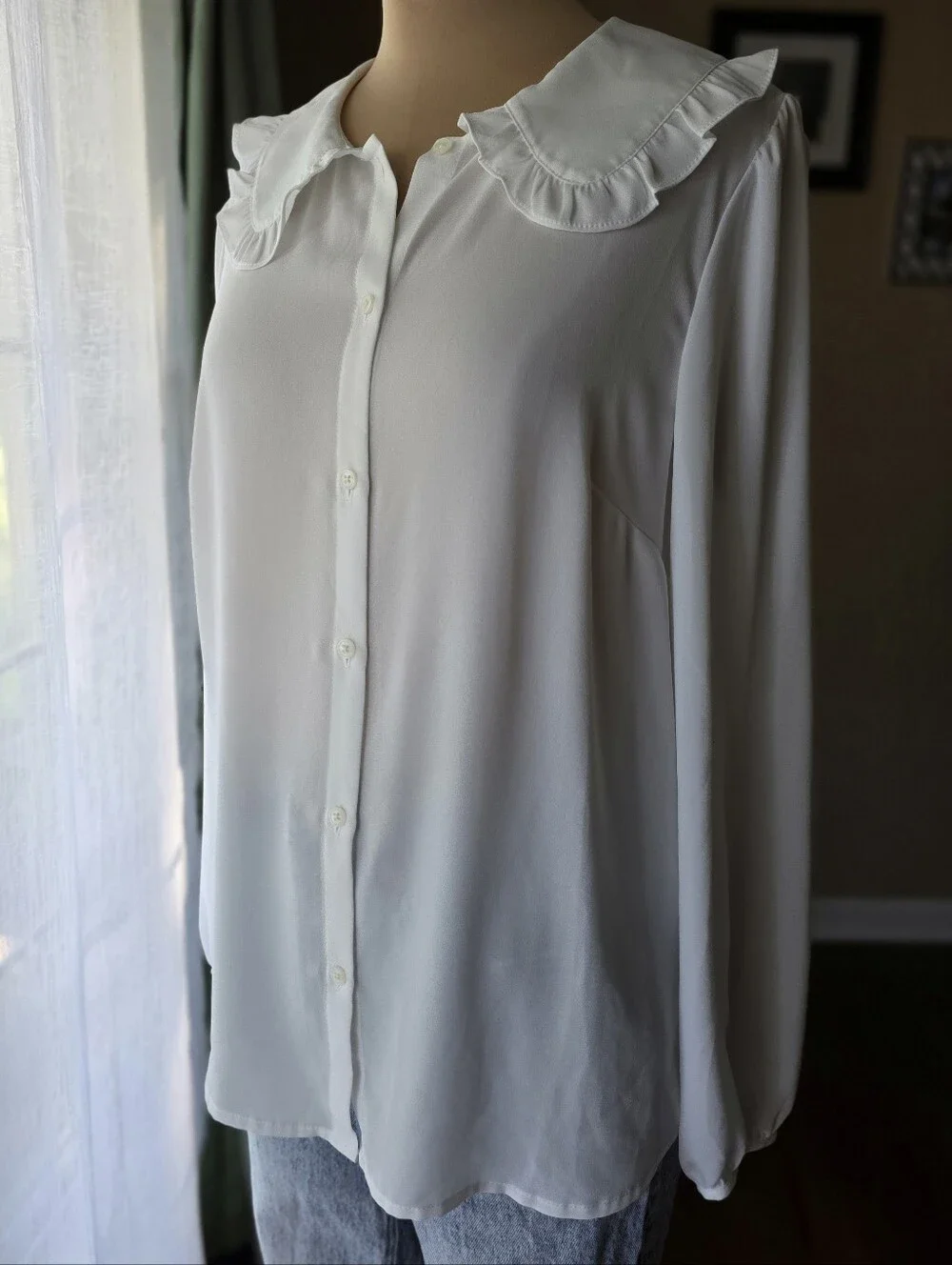 J. Crew White Ruffled Peter Pan Collar Button Down Blouse Shirt Top Size 8
